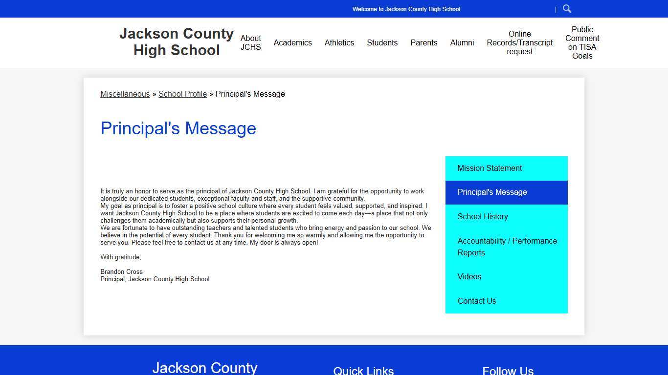 Principal's Message – School Profile – Jackson County High School